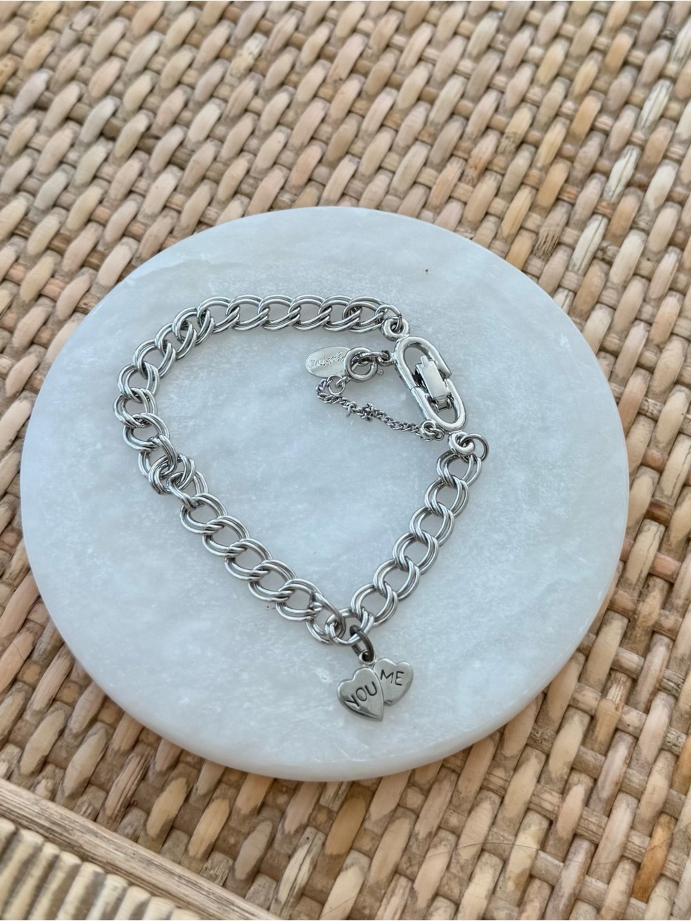 Vintage Wells Sterling Silver Heart Charm Chain Bracelet - YOU + ME - Roget